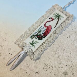 Hand Crafted Pink Flamingo Cross-Stitch Bookmark with Cream Lace